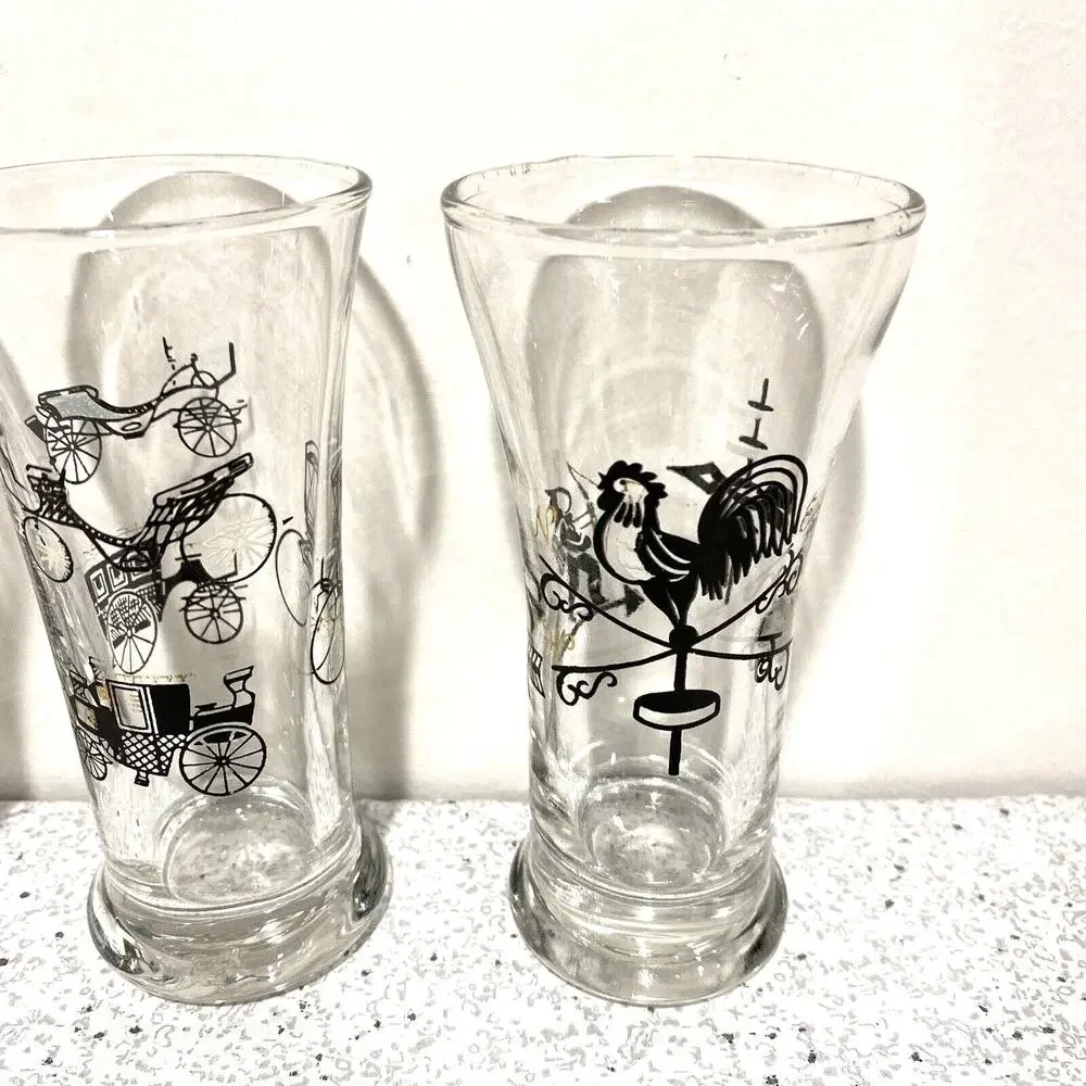 Vintage Juice Glasses Set (5) Retro Clear Glass & Black Gold Roosters Carriages